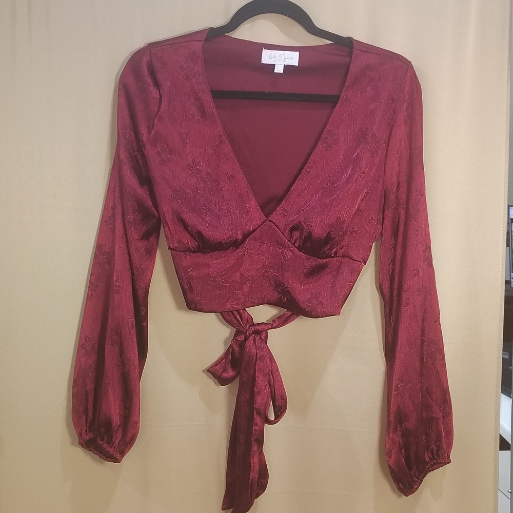 Satin Crop Top Women L Burgundy Floral Tie Front Long Sleeve Vampy Romantic Glam